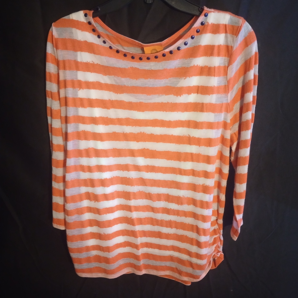 Ruby Rd. Orange and White Striped Embellished Blouse